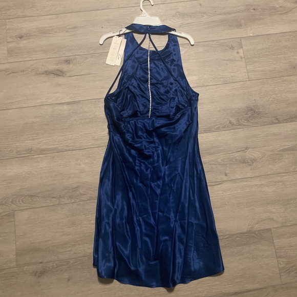 Navy Blue Satin Zara Dress - backless, high neck - Picture 2 of 5